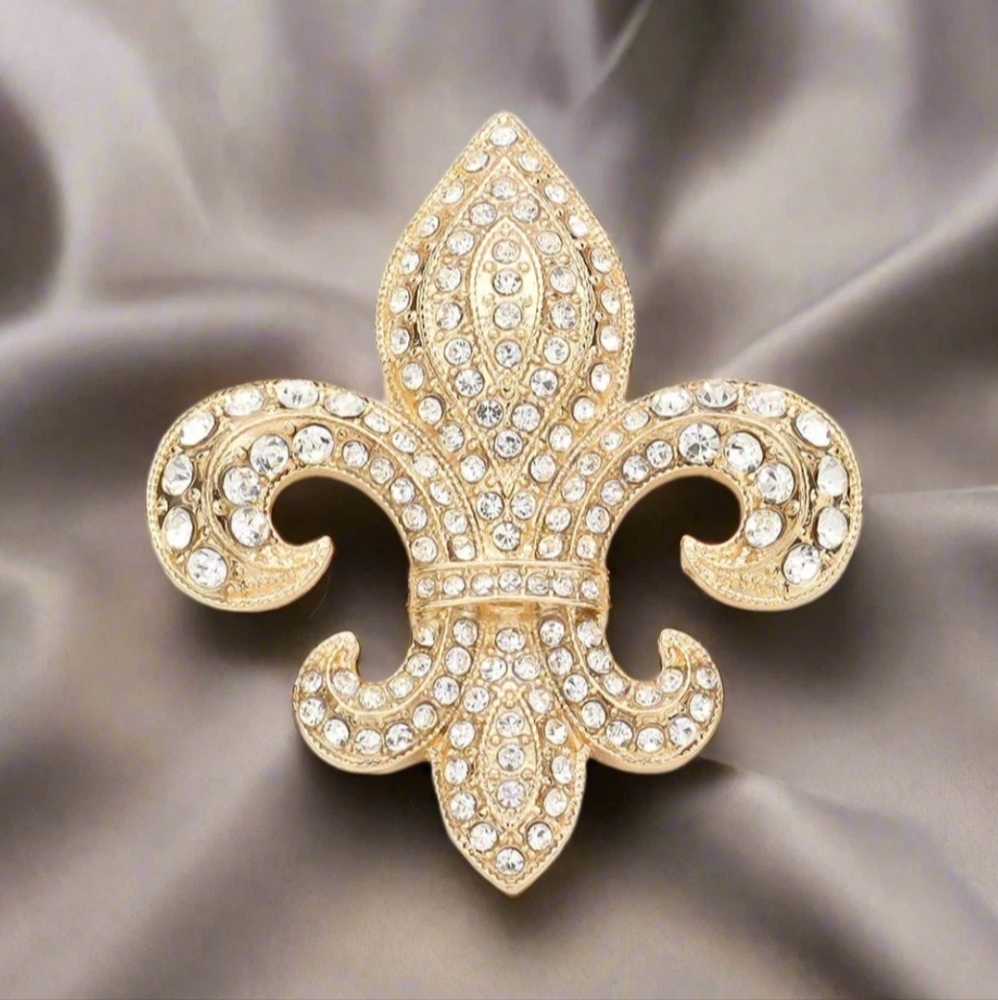 Rhinestone Embellished Fleur De Lis Pin Brooch 2.2"X2.4"